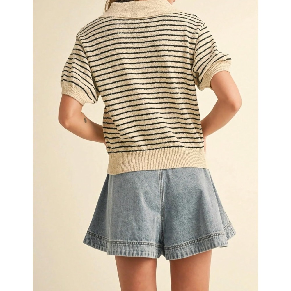 Striped Beige and Black Women's Polo Top - Picture 3 of 4